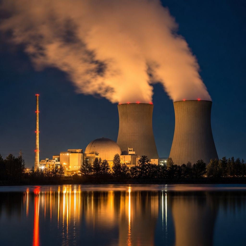 Power plant glowing at night