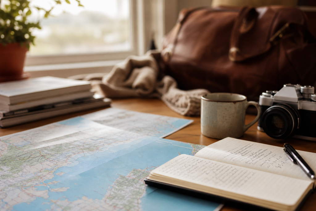 A person sits at a desk with a laptop and travel guidebooks, planning a vacation.