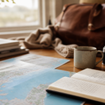 A person sits at a desk with a laptop and travel guidebooks, planning a vacation.