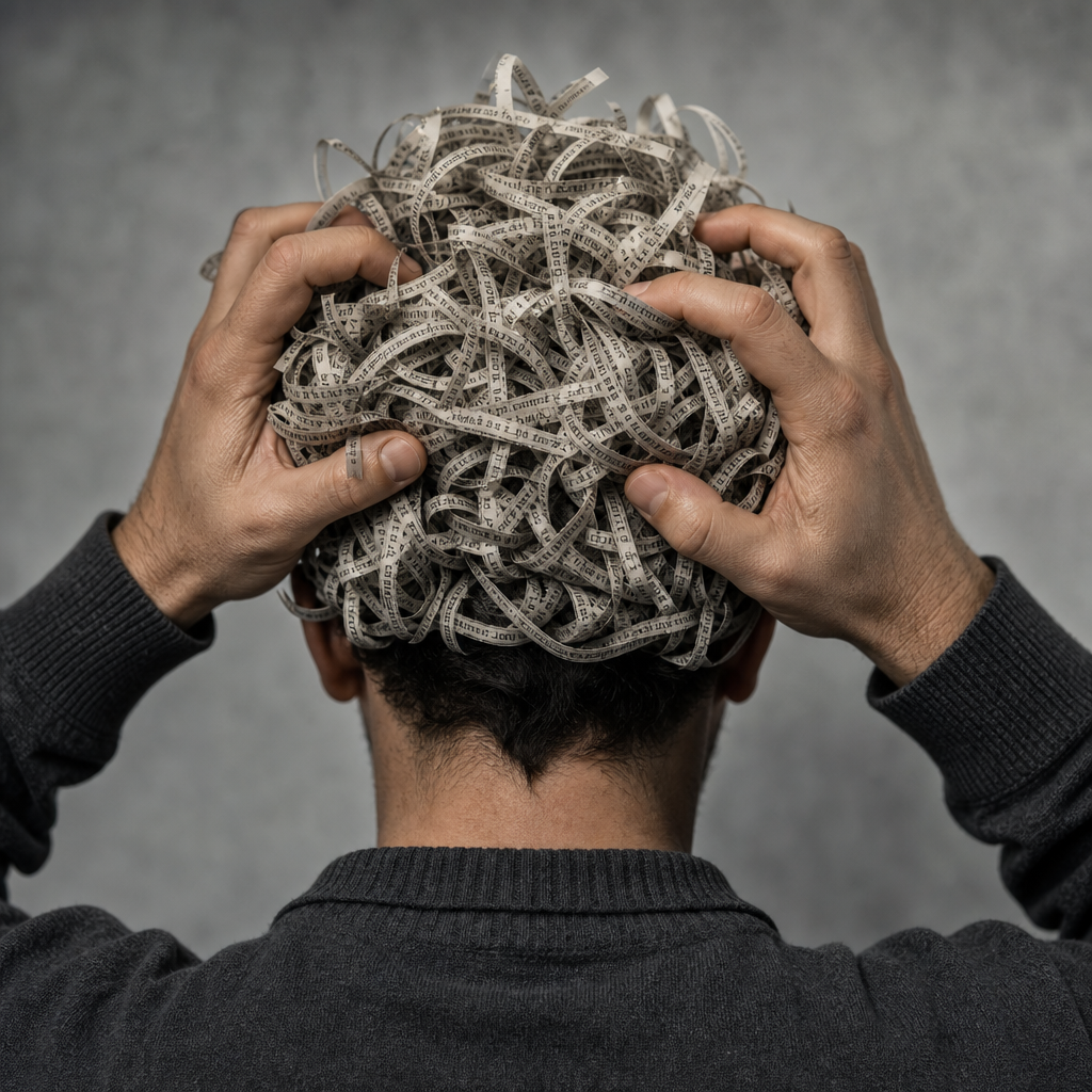 Man holding head full of words
