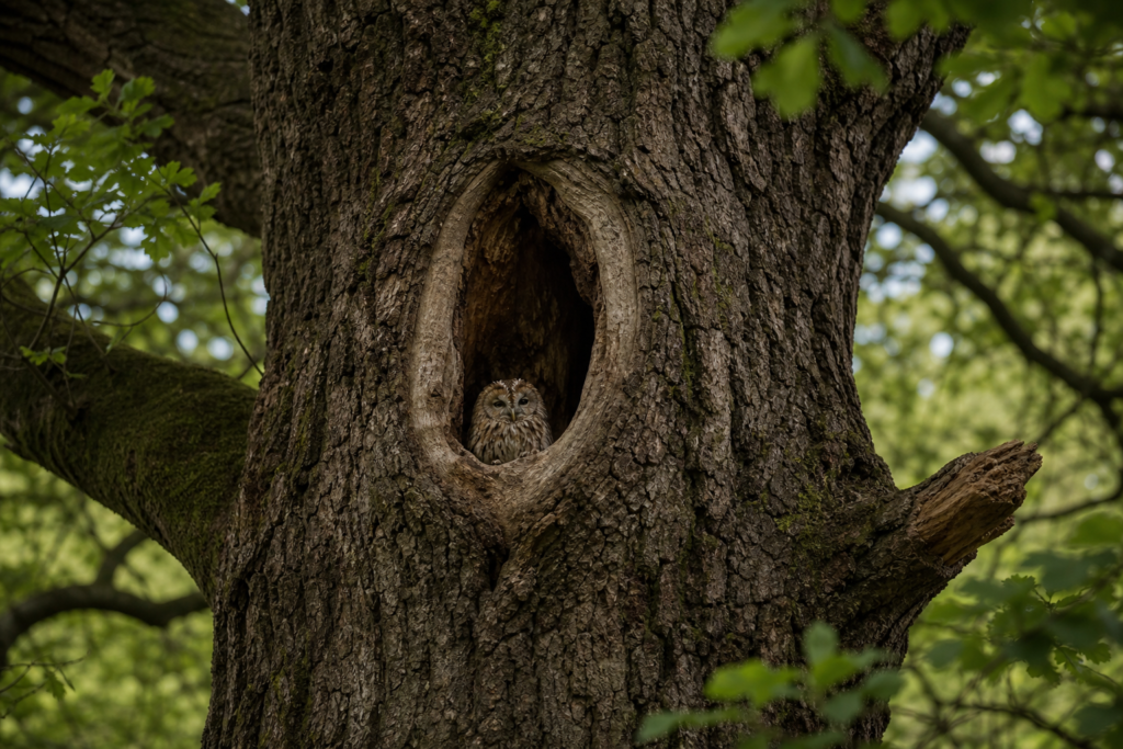 Large oak tree with thick, deeply furrowed bark stands in natural woodland setting surrounded by smaller vegetation.