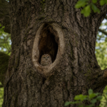 Large oak tree with thick, deeply furrowed bark stands in natural woodland setting surrounded by smaller vegetation.