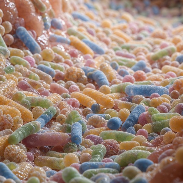Colorful illustration of intestinal bacteria and microbiome — detail