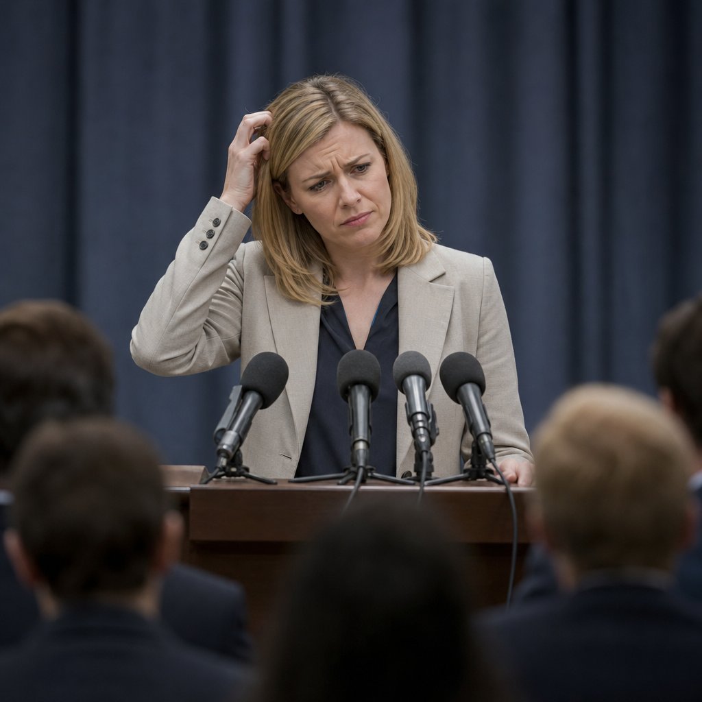 Confused press officer at podium