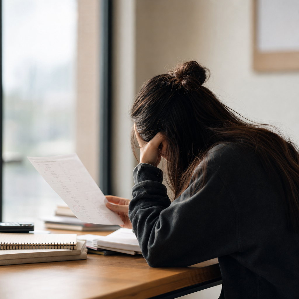 Student reviewing test answers thoughtfully