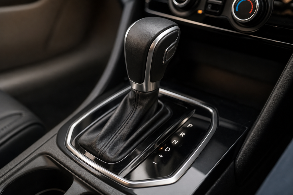 A car's transmission control unit display shows multiple data inputs and decision metrics on a digital screen.