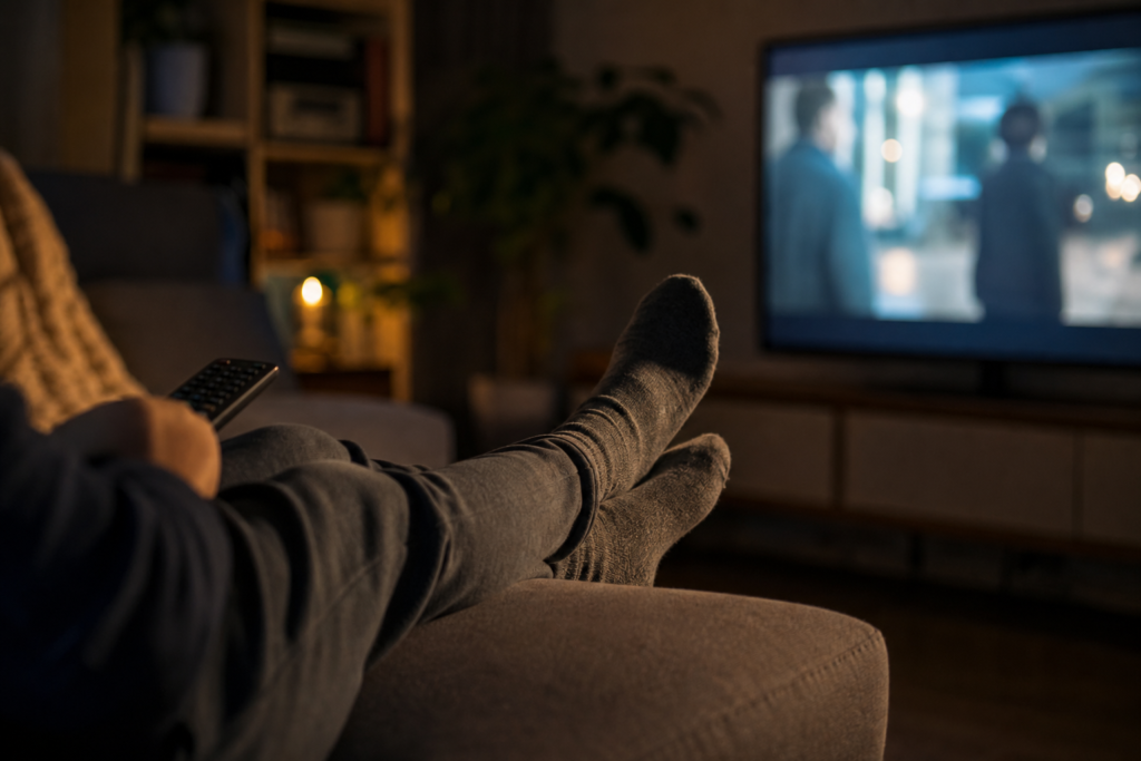 A person sits on a couch in dim lighting, holding a remote control while watching a television screen.