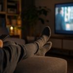 A person sits on a couch in dim lighting, holding a remote control while watching a television screen.